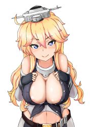 Rule 34 | 10s, 1girl, areola slip, belt, blonde hair, blue eyes, breasts, cleavage, elbow gloves, fingerless gloves, front-tie top, gloves, hair between eyes, headgear, highres, iowa (kancolle), kantai collection, large breasts, looking at viewer, midriff, navel, otearaisu, simple background, solo, star-shaped pupils, star (symbol), symbol-shaped pupils, upper body, white background