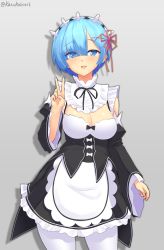 Rule 34 | 1girl, blue eyes, blue hair, breasts, cleavage, commentary request, detached sleeves, dress, frills, grey background, hair ornament, hair over one eye, hair ribbon, highres, kazukoto, large breasts, looking at viewer, maid, maid headdress, open mouth, pantyhose, pink ribbon, re:zero kara hajimeru isekai seikatsu, rem (re:zero), ribbon, short hair, simple background, smile, solo, v, white pantyhose, x hair ornament