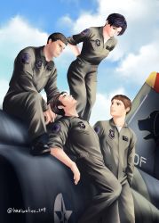 Rule 34 | 1girl, 3boys, ace combat, ace combat 5, aircraft, airplane, alvin h davenport, artist name, black hair, blaze (ace combat), boots, brown hair, cloud, cloudy sky, day, emblem, f-5e tiger ii, facial hair, fighter jet, haniwakun 2019, hans grimm, highres, insignia, jet, kei nagase, military, military vehicle, multiple boys, open mouth, osean flag, outdoors, patch, pilot, pilot suit, short hair, sitting, sky, sleeves rolled up, twitter username, wardog squadron