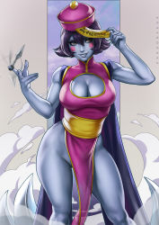 Rule 34 | 1girl, afterimage, arm up, armpits, artist name, bare arms, bare legs, bare shoulders, biceps, black cape, blue skin, breasts, cape, cleavage, cleavage cutout, clothing cutout, colored skin, commentary, contrapposto, dandon fuga, dress, english commentary, facepaint, feet out of frame, groin, hair between eyes, hat, highres, kunai, large breasts, lei lei, looking at viewer, no panties, obi, ofuda, parted lips, pelvic curtain, pink dress, purple eyes, purple hat, sash, short hair, sleeveless, sleeveless dress, smilr, smoke, solo, spinning, standing, v-shaped eyebrows, vampire (game), weapon