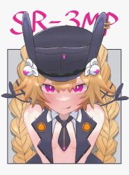 Rule 34 | 1girl, :p, absurdres, animal ears, animal hat, bare shoulders, blonde hair, braid, breasts, character name, commentary, girls&#039; frontline, grey background, grin, hair between eyes, hat, highres, jacket, long hair, looking at viewer, necktie, onigiri samurai, open clothes, open jacket, purple eyes, rabbit ears, rabbit hat, short necktie, sleeveless, sleeveless jacket, small breasts, smile, solo, sr-3mp (girls&#039; frontline), straight-on, tongue, tongue out, twin braids, upper body