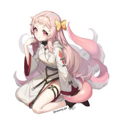 Rule 34 | 1girl, bad id, bad pixiv id, belt, black socks, blush, boots, bow, brown footwear, closed mouth, commentary request, eyelashes, full body, grey belt, hair bow, hand up, long hair, mongguri, original, pink eyes, pink hair, simple background, sitting, smile, socks, solo, tentacles, white background, yellow bow