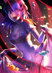 Rule 34 | 1girl, :d, absurdres, blue eyes, blue hair, breasts, candy, cleavage, collarbone, dress, elbow gloves, facial mark, fate/stay night, fate (series), floating hair, food, frilled dress, frills, gloves, hair ribbon, heterochromia, highres, jewelry, long hair, looking at viewer, matou sakura, medium breasts, necklace, open mouth, raito (latek), red eyes, red ribbon, ribbon, short sleeves, skirt hold, smile, solo, standing, white dress, white gloves