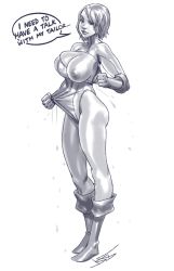 Rule 34 | 1girl, bad id, bad tumblr id, boots, breast slip, breasts, cleavage cutout, clothing cutout, dc comics, elbow gloves, english text, gloves, knee boots, large areolae, large breasts, leotard, monochrome, nipples, one breast out, power girl, robaato, short hair, solo, speech bubble, wardrobe malfunction