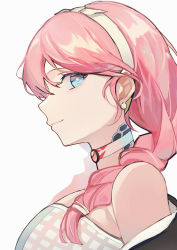 Rule 34 | 1girl, arknights, bare shoulders, blue eyes, blue poison (arknights), blue poison (shoal beat) (arknights), braid, earrings, fanshu, from side, hairband, highres, jewelry, long hair, looking at viewer, official alternate costume, pink hair, profile, simple background, smile, solo, strapless, tube top, upper body, white background, white hairband