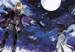 Rule 34 | 2boys, asbel lhant, back, black gloves, blonde hair, blue background, boots, brown hair, cloud, coat, ascot, field, full moon, gloves, long hair, male focus, moon, multiple boys, night, night sky, outdoors, red eyes, richard (tales), short hair, sky, standing, starshadowmagician, tales of (series), tales of graces, thigh boots, thighhighs