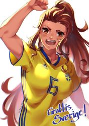 Rule 34 | 1girl, 2018 fifa world cup, adidas, breasts, brigitte (overwatch), brown eyes, brown hair, commentary, freckles, highres, jersey, long hair, looking at viewer, lulu-chan92, medium breasts, open mouth, overwatch, overwatch 1, ponytail, shirt, sidelocks, smile, soccer, soccer uniform, solo, sportswear, sweden, swedish flag, world cup, yellow shirt