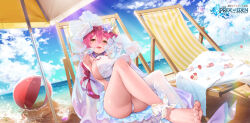 Rule 34 | 1girl, absurdres, armpits, arms up, ball, barefoot, beach, beach chair, beach umbrella, beachball, braid, breasts, chair, day, detached sleeves, flower, hair flower, hair ornament, highleg, highres, kanola u, large breasts, legs, looking at viewer, lounge chair, official art, outdoors, pink hair, red: pride of eden, sand, see-through, see-through sleeves, side braid, sideboob, single thighhigh, smile, solo, thighhighs, umbrella, yellow eyes