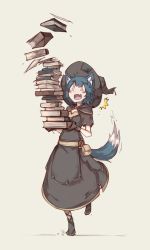 Rule 34 | 0 0, 1girl, animal ears, blue hair, blush, blush stickers, book, book stack, capelet, commentary request, deel (rkeg), falling, fang, hat, highres, holding, holding book, kyarun, open mouth, original, pouch, short hair, solo, surprised, tail, witch, witch hat