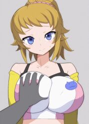 Rule 34 | 1girl, 1other, animated, bare shoulders, blonde hair, blue eyes, breasts, closed mouth, collarbone, crop top, grabbing, grabbing another&#039;s breast, groping, gundam, gundam build fighters, gundam build fighters try, head tilt, hoshino fumina, impossible clothes, impossible shirt, large breasts, looking at viewer, looping animation, lowres, shirt, short hair, solo focus, sweatdrop, taraba (fmed3338), upper body, video