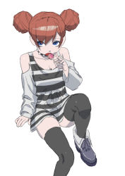 Rule 34 | 1boy, bare shoulders, black collar, black thighhighs, blue eyes, brown hair, candy, clothing cutout, collar, double bun, eric ueda, eyes visible through hair, food, grey background, hair bun, holding, holding candy, holding food, holding lollipop, lollipop, male focus, open mouth, original, purple footwear, shoes, shoulder cutout, simple background, sitting, skindentation, sneakers, solo, spiked collar, spikes, striped clothes, thighhighs