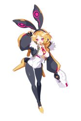 Rule 34 | 1girl, animal ears, black gloves, blonde hair, breasts, bright pupils, cleavage, cropped jacket, disgaea, disgaea rpg, fake animal ears, fake tail, fingerless gloves, full body, fur trim, future usalia, gloves, gun, handgun, holding, holding gun, holding weapon, leotard, long sleeves, medium breasts, medium hair, necktie, non-web source, official art, open mouth, pantyhose, photoshop (medium), pink eyes, playboy bunny, rabbit ears, solo, strapless, strapless leotard, tail, transparent background, usalia (disgaea), v, weapon, white leotard