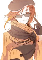 Rule 34 | 1girl, beret, brown hair, closed mouth, coco adel, flower, gloves, hat, partially fingerless gloves, rwby, ryuga (balius), scarf, signature, smile, solo, sunglasses, upper body, v, wind, wind lift