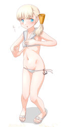 Rule 34 | 1girl, bikini, blonde hair, blue eyes, blunt bangs, breasts, commentary request, full body, hair ornament, kantai collection, long hair, lowleg, lowleg bikini, one-hour drawing challenge, ray.s, sailor bikini, sailor collar, sandals, shin&#039;you (kancolle), simple background, small breasts, solo, swimsuit, white background, white bikini, white sailor collar