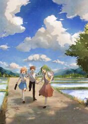 1boy 2girls absurdres backpack bag black_footwear black_pants blue_eyes blue_sailor_collar blue_skirt blue_sky briefcase brown_footwear brown_hair closed_eyes cloud cloudy_sky dirt_road green_eyes green_hair half_updo highres higurashi_no_naku_koro_ni maebara_keiichi mountainous_horizon multiple_girls neckerchief necktie open_mouth orange_hair pants ponytail red_necktie red_skirt river road running rural ryuuguu_rena sailor_collar school_briefcase school_uniform serafuku short_hair shosudo shoulder_bag skirt sky smile socks sonozaki_mion sweat tree vest white_socks yellow_neckerchief yellow_vest