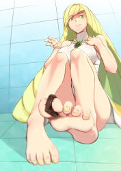 Rule 34 | 1girl, bare legs, bare shoulders, barefoot, between toes, blonde hair, breasts, chocolate, creatures (company), feet, foot focus, foreshortening, from below, full body, game freak, green eyes, large breasts, long hair, looking at viewer, lusamine (pokemon), mature female, nail polish, nintendo, parted lips, pokemon, pokemon sm, sitting, soles, solo, toenail polish, toenails, toes, valentine, very long hair, yamauchi (conan-comy), yellow nails