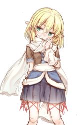 Rule 34 | 1girl, arm behind back, blonde hair, blue skirt, blush, cowboy shot, green eyes, hair between eyes, hand up, highres, looking to the side, mizuhashi parsee, nose blush, oborofu, open mouth, pleated skirt, pointy ears, scarf, short hair, short sleeves, simple background, skirt, solo, standing, touhou, white background, white scarf