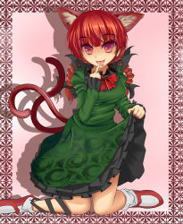 Rule 34 | 1girl, :p, animal ears, braid, breasts, cat ears, cat girl, cat tail, clothes lift, dress, dress lift, female focus, fukunaga kazuhiro, highres, kaenbyou rin, red eyes, red hair, solo, tail, tongue, tongue out, touhou