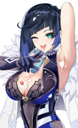 Rule 34 | 1girl, absurdres, arm behind head, armpits, blue hair, blush, breasts, cleavage, cream, crossed bangs, elbow gloves, food on body, genshin impact, gloves, green eyes, highres, hyouuma, large breasts, licking, licking finger, looking at viewer, mole, one eye closed, presenting armpit, sexually suggestive, single elbow glove, sleeveless, solo, tongue, tongue out, upper body, yelan (genshin impact)