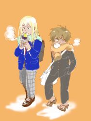 Rule 34 | 2boys, androgynous, aosakiamine, backpack, bag, blonde hair, blue eyes, brown eyes, canute, contemporary, eating, eyebrows, feet, fog, food, full body, geta, hair between eyes, hands in pockets, highres, holding, holding food, jacket, looking at object, looking to the side, male focus, multiple boys, open mouth, orange background, pants, plaid, plaid pants, scarf, shoes, sidelocks, simple background, thorfinn, vinland saga, walking, winter clothes
