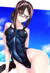 Rule 34 | absurdres, black one-piece swimsuit, braid, brown hair, commentary request, competition swimsuit, day, fate/grand order, fate (series), glasses, highres, long hair, looking at viewer, one-piece swimsuit, parted bangs, red eyes, sky, solo, swimsuit, very long hair, watosu (watosu mama), yu mei-ren (fate)