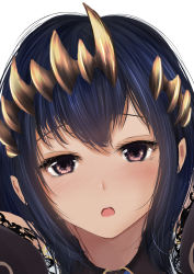 Rule 34 | 1girl, nanashi inc., black hair, blush, dc24v, demon girl, embarrassed, eyebrows hidden by hair, honey strap, horns, long hair, looking at viewer, nose blush, open mouth, pointy ears, portrait, pov, shimamura charlotte, simple background, solo, teeth, upper teeth only, virtual youtuber, white background
