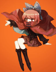 Rule 34 | 1girl, absurdres, arm up, artist name, black jacket, blue bow, boots, bow, brown footwear, brown skirt, cape, commentary, covered mouth, english commentary, hair between eyes, hand up, highres, jacket, long sleeves, looking to the side, oito (bowstringsmall), orange background, puffy long sleeves, puffy sleeves, red cape, red eyes, red hair, sekibanki, short hair, simple background, sitting, skirt, solo, touhou