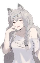 Rule 34 | 1girl, :d, animal ears, arknights, blush, braid, brown eyes, circlet, commentary, english commentary, grey hair, hand up, jalm, long hair, looking at viewer, off-shoulder shirt, off shoulder, open mouth, pramanix (arknights), shirt, simple background, smile, smug, solo, upper body, white background, white shirt