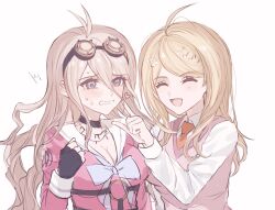 2girls :d ahoge akamatsu_kaede antenna_hair barbed_wire black_choker black_gloves blonde_hair blush bow bowtie breasts choker cleavage clenched_hand clenched_teeth collared_shirt danganronpa_(series) danganronpa_v3:_killing_harmony facing_another fingerless_gloves fortissimo fu_ga_(vivi912912) gloves goggles goggles_on_head hair_ornament hand_up heart highres iruma_miu large_breasts long_hair multiple_girls musical_note musical_note_hair_ornament necktie o-ring open_mouth orange_necktie pink_eyes pink_sweater_vest sailor_collar shirt smile sweat sweater_vest teeth white_bow white_bowtie white_sailor_collar white_shirt