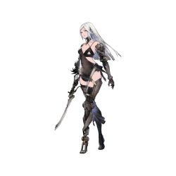 Rule 34 | 1girl, asymmetrical clothes, black footwear, black gloves, boots, breasts, character request, detached sleeves, feather-trimmed sleeves, frenlyse, full body, gloves, gorget, high heel boots, high heels, highres, holding, holding sword, holding weapon, long hair, long legs, looking at viewer, mechanical arms, mechanical legs, mechanical parts, medium breasts, nier (series), nier reincarnation, official art, prosthesis, prosthetic arm, prosthetic leg, short sword, silver hair, single detached sleeve, single glove, single mechanical arm, single mechanical leg, single thigh boot, solo, spaghetti strap, stiletto heels, straight hair, swept bangs, sword, thigh boots, thighhighs, underboob, weapon, white background, yoshida akihiko