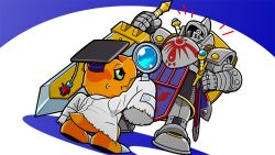 Rule 34 | ^ ^, agumon hakase, armor, artist request, closed eyes, digimon, digimon (creature), full armor, greatsword, hat, holding, holding magnifying glass, holding sword, holding weapon, knight, knightmon, lab coat, looking up, magnifying glass, mortarboard, official art, sheath, sheathed, shield, shield on back, sleeves past fingers, sleeves past wrists, sword, weapon, weapon on back