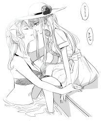 Rule 34 | 10s, 2girls, alternate costume, bad id, bad twitter id, bikini, bikini top only, blush, braid, breasts, buttons, cleavage, collarbone, commentary, dress, ear piercing, closed eyes, flower, french braid, from side, graf zeppelin (kancolle), greyscale, hair between eyes, hair over shoulder, half-closed eyes, hat, highres, jewelry, kantai collection, long hair, monochrome, multiple girls, necklace, parted lips, partially submerged, piercing, ring, rose, short sleeves, sidelocks, smile, sweatdrop, swimsuit, touma (tomatooo018), translated, twintails, warspite (kancolle), water, wedding band, yuri
