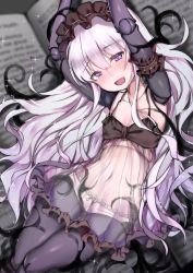 Rule 34 | 1girl, babydoll, book, doll joints, fate/extra, fate (series), joints, long hair, looking at viewer, maid headdress, nursery rhyme (fate), panties, purple eyes, restrained, ribbon panties, solo, underwear, white hair