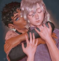 Rule 34 | 2boys, arms around neck, black hair, black shirt, blue eyes, closed eyes, commentary, curly hair, dark-skinned male, dark skin, desapyr, dungeon meshi, elf, english commentary, grey hair, hands on another&#039;s arms, high collar, highres, hug, hug from behind, kabru, kiss, kissing neck, long sleeves, male focus, mithrun, multiple boys, notched ear, pink shirt, pointy ears, purple shirt, realistic, shirt, short hair, wavy hair, yaoi