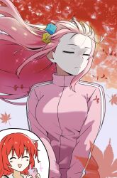Rule 34 | 2girls, amogan, bocchi the rock!, breasts, cellphone, closed eyes, commentary request, cube hair ornament, frown, gotoh hitori, hair ornament, highres, holding, holding phone, jacket, kita ikuyo, large breasts, leaf, multiple girls, one side up, open mouth, phone, pink jacket, school uniform, serafuku, smartphone, smile, sparkle, taking picture, track jacket, triangle mouth