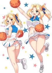 Rule 34 | 10s, 1girl, :o, ;d, ^^^, arm up, ass, bare arms, bare shoulders, blonde hair, blue ribbon, blush, bouncing breasts, breasts, bright pupils, butt crack, cheerleader, crop top, full body, girls und panzer, hair ribbon, highres, hikyakuashibi, holding, kay (girls und panzer), large breasts, leg up, long hair, looking at viewer, looking back, midriff, miniskirt, motion lines, multiple views, navel, one eye closed, open mouth, panties, pantyshot, parted bangs, pom pom (cheerleading), ponytail, ribbon, shiny skin, shirt, shoe soles, shoes, skirt, sleeveless, smile, sneakers, socks, standing, standing on one leg, star (symbol), starry background, stomach, thighs, underwear, white background, white footwear, white legwear, white panties, white shirt, wing collar