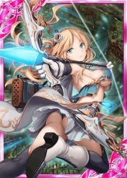 Rule 34 | 1girl, akkijin, archery, armpits, arrow (projectile), ass, blonde hair, blue eyes, boots, bow (weapon), breasts, cape, card (medium), cleavage, drawing bow, elf, flying, gloves, glowing, glowing weapon, hair ornament, holding bow (weapon), large breasts, official art, pointy ears, shinkai no valkyrie, soles, thighhighs, underwear, weapon, white cape, white gloves