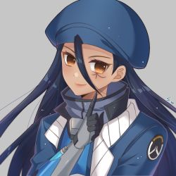 Rule 34 | 1girl, aged down, ana (overwatch), blue hair, blue jacket, brown eyes, chinese commentary, closed mouth, commentary request, dark-skinned female, dark skin, facial mark, fingerless gloves, gauntlets, gloves, grey background, hair between eyes, hand up, highres, jacket, kaoruru (sakuno2911), light particles, long hair, looking at viewer, overwatch, overwatch (logo), overwatch 1, signature, simple background, smile, solo, syringe, upper body