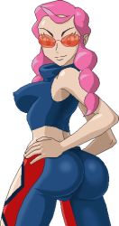 Rule 34 | 10s, 1girl, armpits, ass, bare shoulders, braid, breasts, cameltoe, cleft of venus, covered erect nipples, creatures (company), elite four, game freak, glasses, hands on own hips, hip focus, lowres, malva (pokemon), medium breasts, nintendo, orange-tinted eyewear, orange-tinted glasses, pink hair, pixel art, pokemon, pokemon xy, red-tinted eyewear, red-tinted glasses, sidelocks, simple background, smile, solo, sunglasses, tinted eyewear, twin braids, warner, wide hips