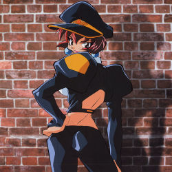Rule 34 | 1990s (style), ass, from behind, hat, jewelry, official art, peaked cap, red hair, saber marionette j, tiger (saber j)