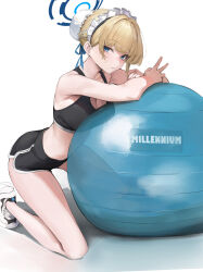 Rule 34 | 1girl, absurdres, alternate costume, ball, bare arms, bare shoulders, black shorts, black sports bra, blonde hair, blue archive, blue eyes, blue halo, blush, breasts, bun cover, cleavage, exercise ball, hair ornament, halo, highres, large breasts, leviathan (hikinito0902), maid headdress, parted lips, shorts, simple background, solo, sports bra, thighs, toki (blue archive), white background