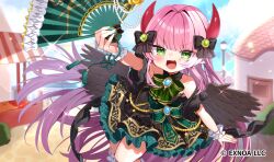 Rule 34 | 1girl, :d, angelic link, black bow, black dress, blush, bow, dress, fang, floating hair, folding fan, green eyes, hair bow, hand fan, holding, holding fan, horns, long hair, looking at viewer, noi mine, official art, open mouth, pink hair, skin fang, smile, solo, sparkle, very long hair, wings, wristband