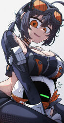 1girl absurdres ahoge bangboo_(zenless_zone_zero) bare_shoulders black_hair breast_rest breasts breasts_on_head choker cleavage closed_eyes crop_top dryegen eous_(zenless_zone_zero) gloves goggles goggles_on_head grace_howard hair_between_eyes highres hug large_breasts looking_at_viewer midriff navel open_mouth orange_eyes pants ponytail simple_background sitting sports_bra sweat white_background white_gloves zenless_zone_zero