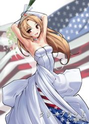 Rule 34 | 1girl, aegis (nerocc), american flag, arched back, armpits, arms up, azur lane, blonde hair, blurry, blurry background, bouquet, breasts, character name, cleavage, cleveland (azur lane), commentary request, depth of field, dress, flower, gloves, highres, holding, holding bouquet, long dress, long hair, looking at viewer, medium breasts, open mouth, parted bangs, red eyes, smile, solo, standing, strapless, strapless dress, tiara, white dress, white gloves