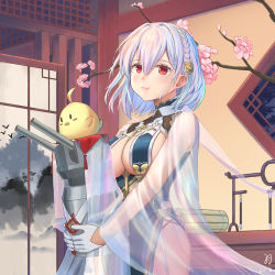 Rule 34 | 1girl, azur lane, bird, blush, braid, branch, breast curtains, breasts, cherry blossoms, chick, china dress, chinese clothes, cleavage, closed mouth, dress, flower, garter straps, gloves, grey dress, hair between eyes, hair flower, hair ornament, half gloves, highres, huanghyy, large breasts, long hair, looking at viewer, manjuu (azur lane), neckwear between breasts, pelvic curtain, red eyes, revealing clothes, see-through, short hair, side braid, sideboob, sirius (azur lane), sirius (azure horizons) (azur lane), smile, turret, white gloves, white hair, window