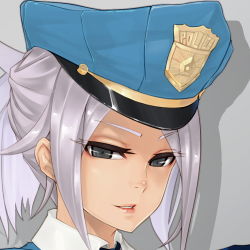 Rule 34 | 1girl, bad id, bad pixiv id, black eyes, caooll, close-up, hat, league of legends, looking at viewer, police hat, riven (league of legends), short hair, silver hair, smile, solo