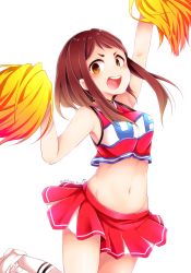 Rule 34 | 10s, 1girl, :d, arms up, artist name, boku no hero academia, breasts, brown eyes, brown hair, cheerleader, chikuwa savy, crop top, frilled skirt, frills, leg up, looking at viewer, midriff, navel, open mouth, pom pom (cheerleading), shoes, skirt, sleeveless, smile, solo, stomach, teeth, uraraka ochako, white background