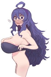 Rule 34 | @ @, alternate breast size, black bra, bottomless, bra, breasts, cleavage, cowboy shot, creatures (company), cropped legs, from side, game freak, hair between eyes, hairband, hex maniac (pokemon), highres, huge breasts, long hair, looking at viewer, navel, nintendo, open mouth, pokemon, pokemon xy, purple eyes, purple hair, purple hairband, simple background, underwear, underwear only, very long hair, white background, zippppiz