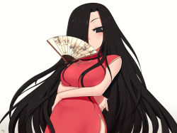 Rule 34 | 1girl, black eyes, black hair, breast hold, breasts, china dress, chinese clothes, crossed arms, dress, fan over face, hair over one eye, hand fan, kejourou (monster girl encyclopedia), kuroonehalf, long hair, looking at viewer, monster girl, monster girl encyclopedia, monster girl encyclopedia ii, paper fan, pink dress, prehensile hair, side slit, signature, simple background, solo, upper body, very long hair, white background
