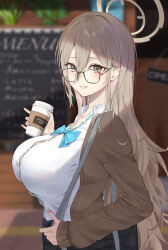 Rule 34 | 1girl, absurdres, akane (blue archive), bag, black-framed eyewear, blue archive, blue bow, blue bowtie, blurry, blurry background, blush, bow, bowtie, breasts, brown eyes, collared shirt, cup, glasses, halo, highres, holding, holding cup, large breasts, light brown hair, long hair, long sleeves, looking at viewer, renge (730), school bag, school uniform, serafuku, shirt, smile, solo, standing, white shirt